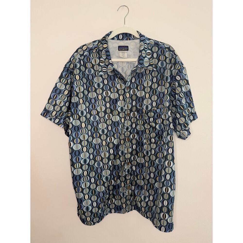 Vintage Patagonia Rhythm Shirt XL Blue Atomic Geo Print Y2K Surf Camp Rare